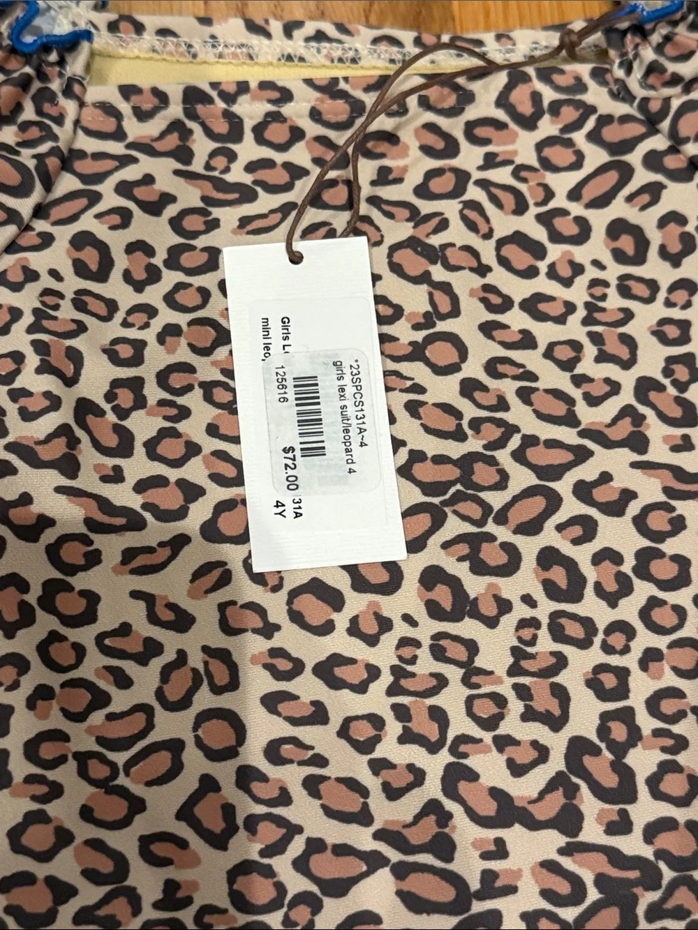 Pink Chicken Leopard Print Kids One-Piece Swimsuit with Blue Trim
